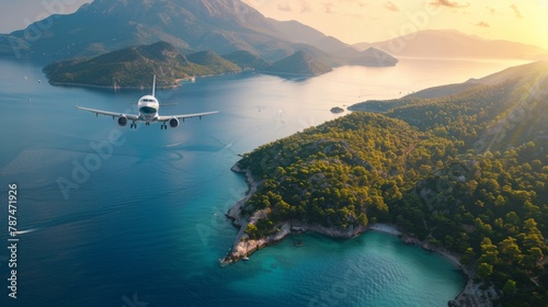 Wallpaper Mural  scenic view of an aircraft flying over picturesque islands and sea during a summer sunrise Torontodigital.ca