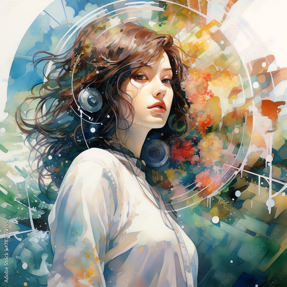 Illustrate the fusion of futuristic technologies among nature in a