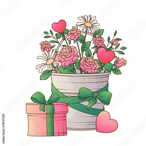 Vector illustration of bucket with roses, present and heart. Illustration for decoration flower shop, design of card, banner, poster.