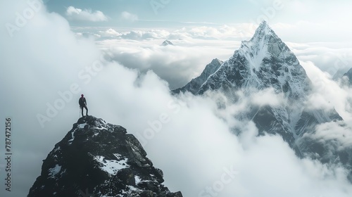 High mountain peak piercing through clouds, climber reaching the summit, panoramic view of surrounding peaks, achievement and awe, editorial photography