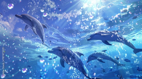 A group of playful dolphins frolic in the sparkling blue waters their happy squeaks and clicks echoing through the underwater landscape. . .