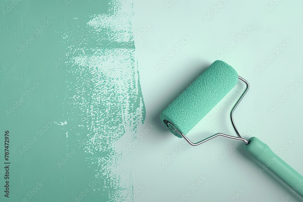 Obraz premium Roller brush with green paint on the wall