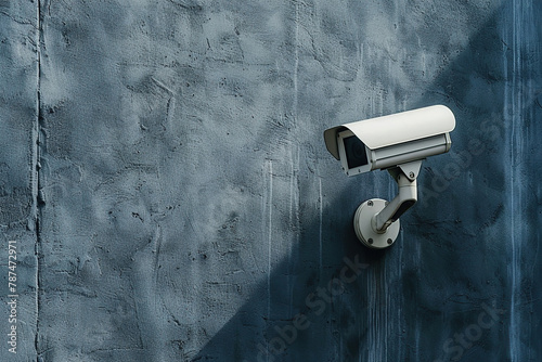 Security video camera on blue wall