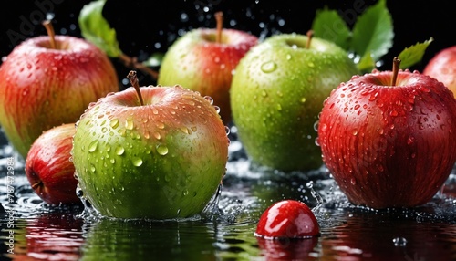 Fresh apples with droplets of water. Close-up of fresh apples glistening with water drops. Juicy fruit background. Fruits fall into the water with splashes all over the sides.