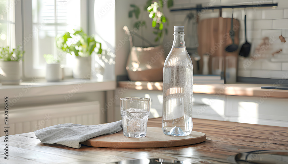 Board with bottle of water, glass and napkin on table in kitchen Board with bottle of water, glass and napkin on table in kitchen