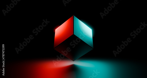 glowing multi-colored luminescent 3D cube on a dark background, wallpaper, illustration