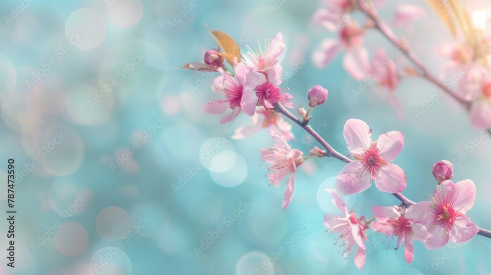 A delicate image of a blooming peach tree branch, beautifully captured against a soft, blurry blue-pink background, evoking a sense of spring