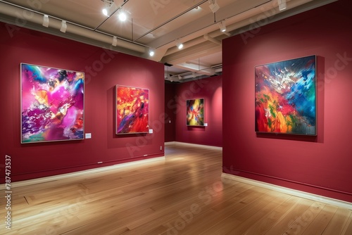 Luxurious Art Gallery Interior with Crimson Walls Featuring Abstract Art, Ideal Copy Space for Text