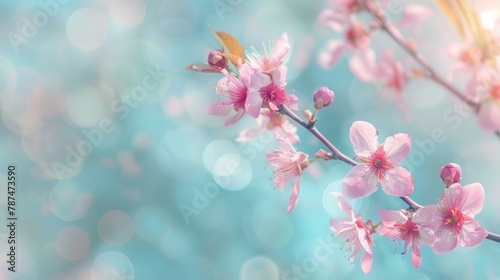 A delicate image of a blooming peach tree branch  beautifully captured against a soft  blurry blue-pink background  evoking a sense of spring