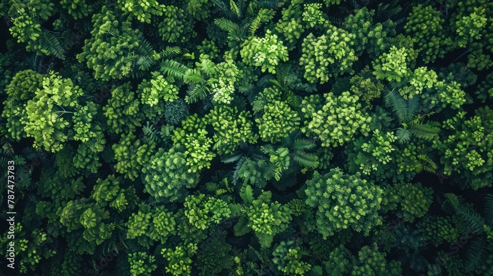 An aerial top view capturing the dense and vibrant green canopy of a forest, highlighting the concept of rainforest ecosystem and healthy environment