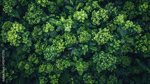 An aerial top view capturing the dense and vibrant green canopy of a forest, highlighting the concept of rainforest ecosystem and healthy environment