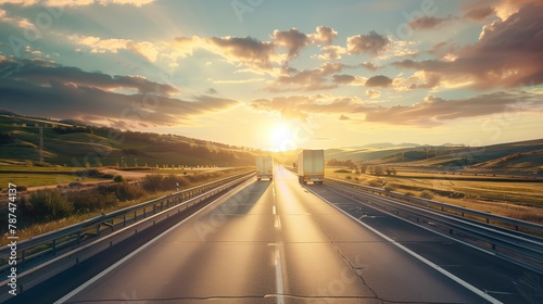 compelling image capturing the essence of a road journey on a highway. Showcase the open road stretching into the horizon, surrounded by landscapes that evoke a sense of adventure. 