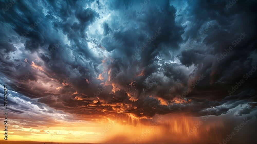 A striking scene of storm clouds dramatically illuminated by the setting sun, with intense rain creating a powerful natural display