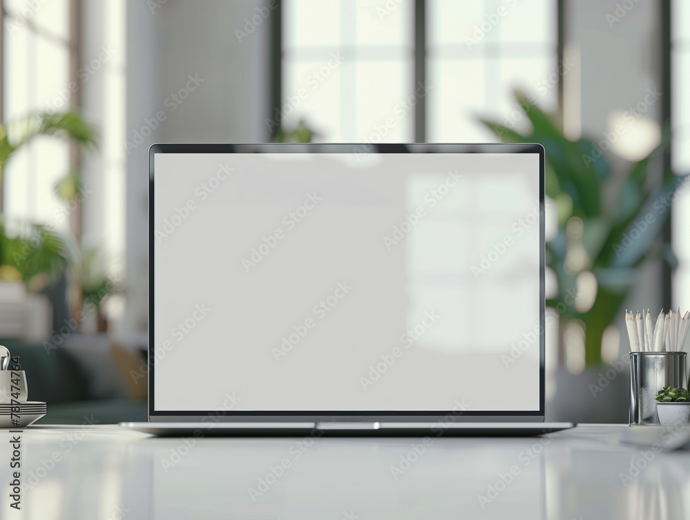 Modern laptop template mockup on white and clean work desk with blank screen Workspace desk Modern laptop template mockup on white and clean work desk with blank screen Workspace desk