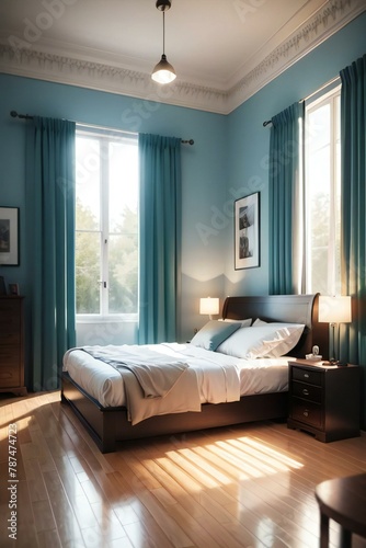 Elegant bedroom with blue walls, sunlight streaming through the window, and a neatly made bed. © home 3d