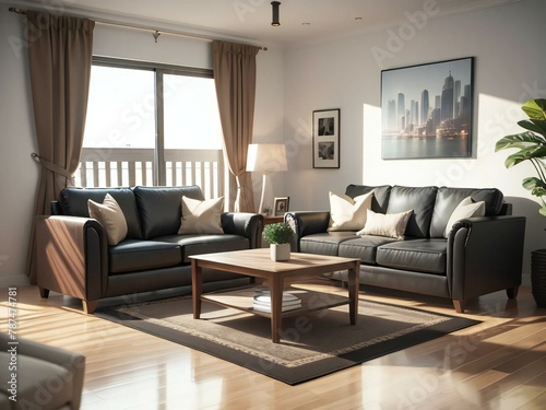 Modern living room with two black leather sofas, a wooden coffee table, and a cityscape wall art. Sunlight streams through the window. © Samsul Alam