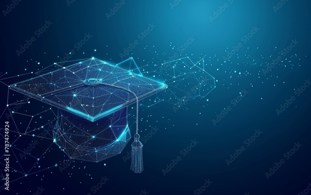 Fototapeta premium Abstract low poly wireframe of digital modern education concept with graduation hat on blue background Digital illustration symbol for online learning, knowledge and innovation Generative AI