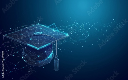 Abstract low poly wireframe of digital modern education concept with graduation hat on blue background Digital illustration symbol for online learning, knowledge and innovation Generative AI
