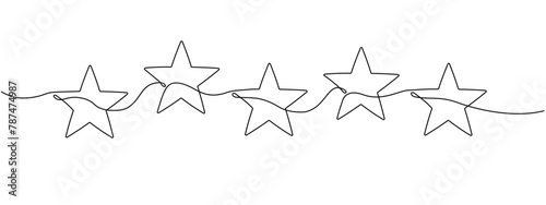 A continuous outline of five stars. Single line editable 5 star icon. Concept of rating service and customer reviews. Christmas divider. Minimalistic vector drawing.