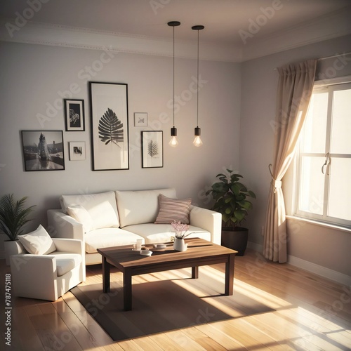 Cozy living room with a white sofa, wooden coffee table, and decorative wall art, bathed in warm sunlight.