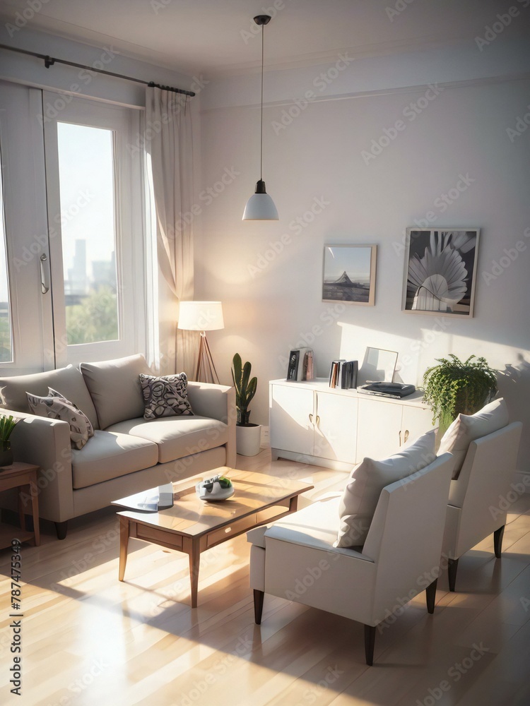 Bright and cozy living room with modern furniture, large windows, and warm sunlight. Bright and cozy living room with modern furniture, large windows, and warm sunlight.