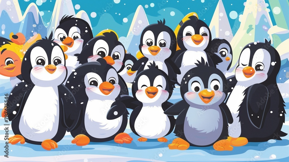 delightful scene featuring cartoon penguin characters gathered together
