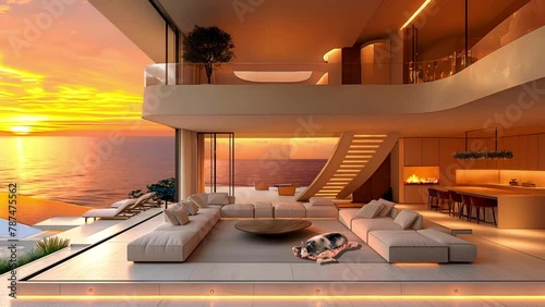 Modern Luxury House cozy room With  Infinity  In Dusk in modern house overlooking ocean