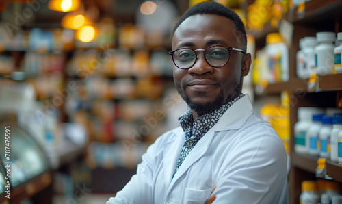 Pharmacy: Professional Confident Black Pharmacist Wearing Lab Coat and Glasses, Crosses Arms and Looks at Camera Smiling Charmingly. Druggist in Drugstore Store with Shelves Health Care Products