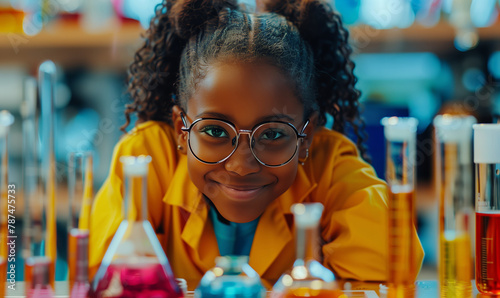 Happy African American child girl student is learning and test science chemical with colorful liquid in beaker in laboratory room at school © anatoliycherkas