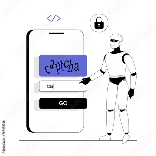 Bypass captcha, Anti captcha, Solving service. Robot enters captcha on the phone screen. Vector illustration with line people for web design.