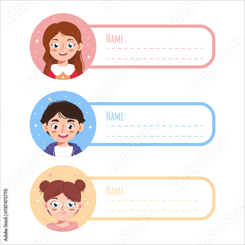 Name Tags For School. Back to school labels. Set stickers for notebook.	Cute kid boy and girl name tags for school. Sticky labels set for children name.   For office school, scrapbooking, print.
