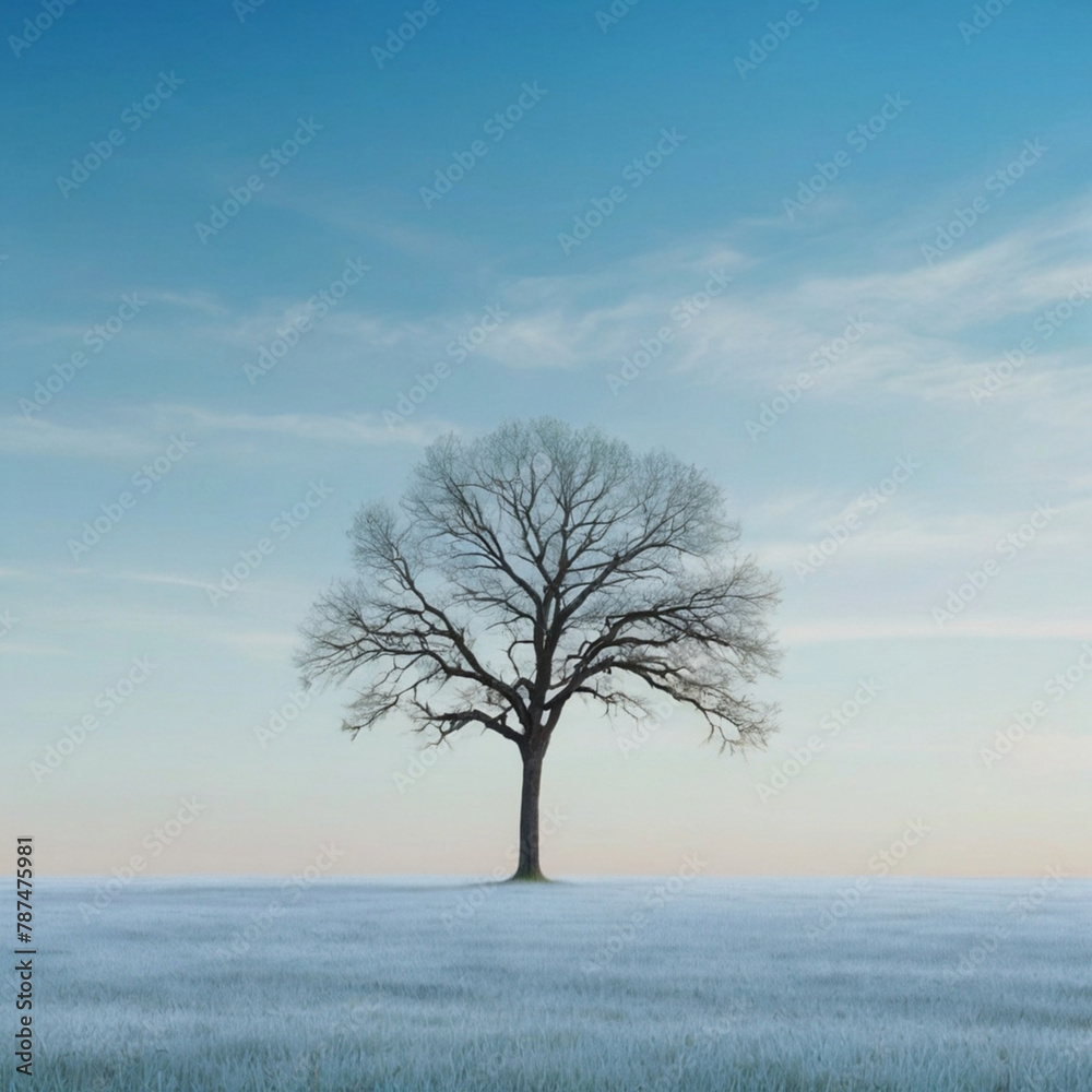 Minimalist Landscape feature a Lone, Elegant tree standing in the center of a vast, open field Minimalist Landscape feature a Lone, Elegant tree standing in the center of a vast, open field