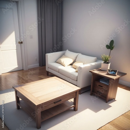 Cozy living room interior with a white sofa, wooden coffee table, and a small plant on a side table.
