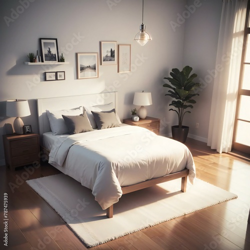 A cozy and well-lit bedroom featuring a large bed with white bedding, wooden furniture, and decorative plants.