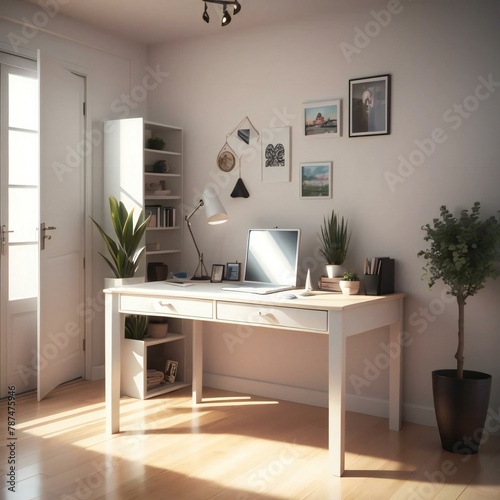 A well-lit home office featuring a white desk with a laptop, lamp, and various decorations, complemented by a potted plant and bookshelf.