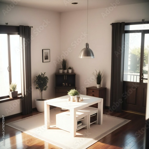 A modern dining room with a minimalist design featuring a white table, wooden furniture, and indoor plants.