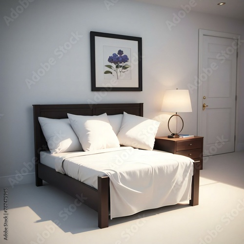 A neatly arranged bedroom with a dark wood bed, white bedding, and a lamp on a bedside table. A framed flower picture hangs above the bed.