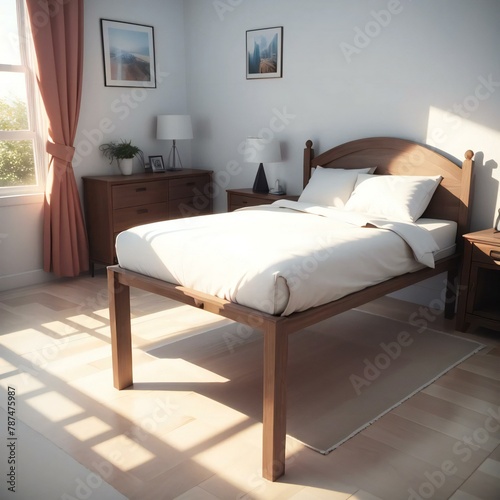 Cozy bedroom interior with sunlight casting shadows on the floor, featuring a neatly made bed, wooden furniture, and framed pictures on the wall.