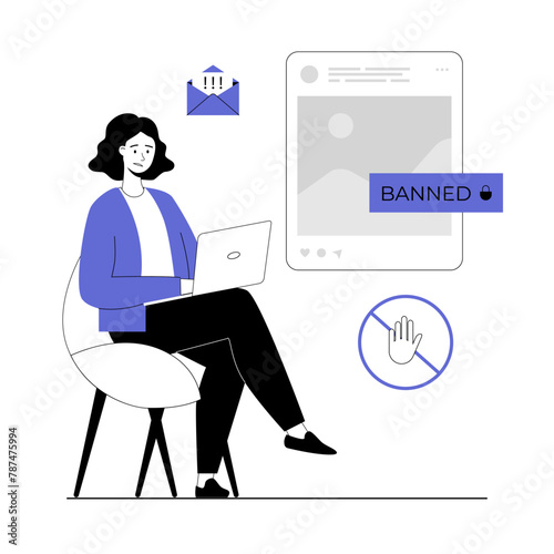 Blocking, banned user account on social media. Error, access is denied. Account safety and secure. Vector illustration with line people for web design.