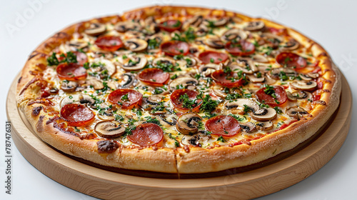 Tasty pepperoni pizza with mushrooms and olives