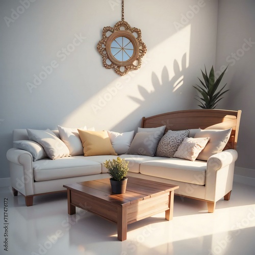 A cozy living room with a white sofa adorned with pillows, a wooden coffee table, and plants, bathed in natural sunlight.