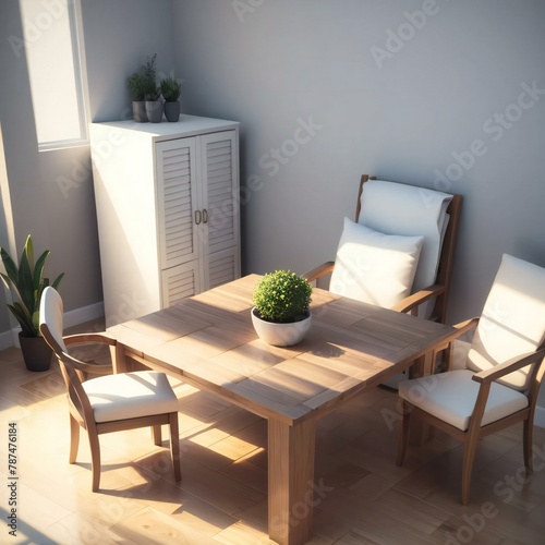 A minimalist dining area with a wooden table, two chairs, and a small plant centerpiece. Natural light streams in from the side window.