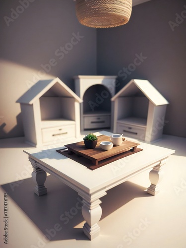 A cozy interior scene featuring a white wooden table with a tray containing a small plant and two cups, flanked by two white hut-shaped cabinets under a hanging lamp.