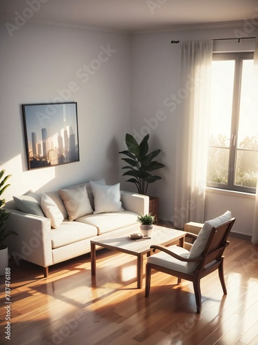 Modern living room bathed in natural sunlight, featuring a white sofa, wooden coffee table, and a large window with cityscape view.