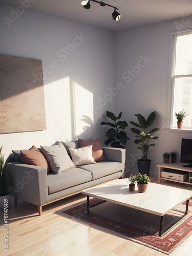 Cozy living room with modern furniture, a large window, and indoor plants, creating a warm and inviting atmosphere.