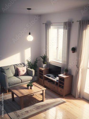 Cozy living room with natural light, featuring a sofa, TV, wooden furniture, and indoor plants.