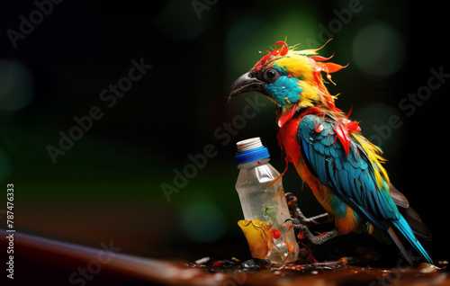 Colorful Exotic Bird Holding Plastic Bottle Amidst Waste: Symbolizing Earth Pollution with Beautiful Plumage