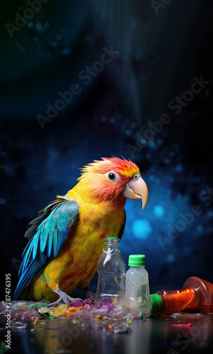 Vibrant Parrot Amidst Plastic Bottles: Stunning Exotic Bird Symbolizing Earth Pollution