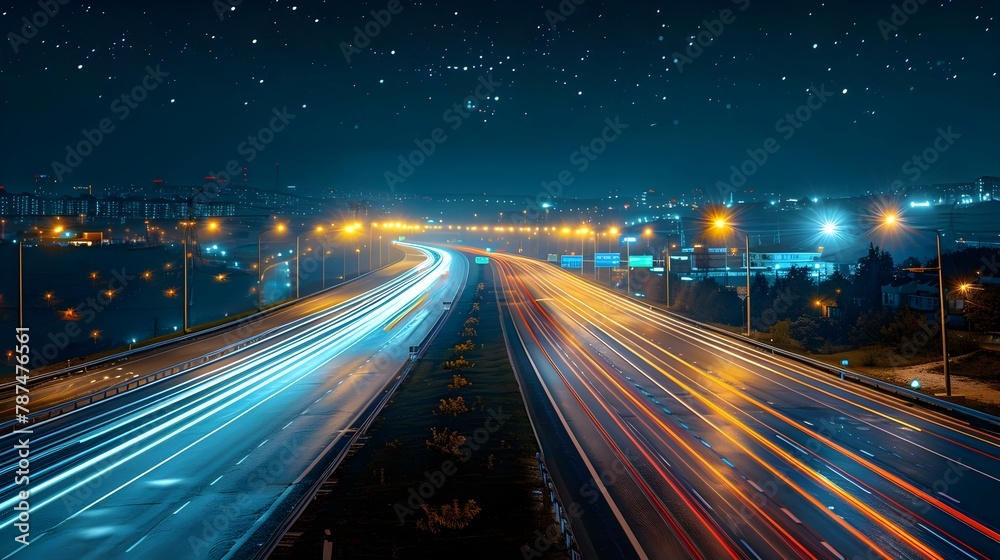 Starry Trails on the Night Highway. Concept Night Photography, Long Exposure, Light Trails, Starry Sky, Highway Scenery