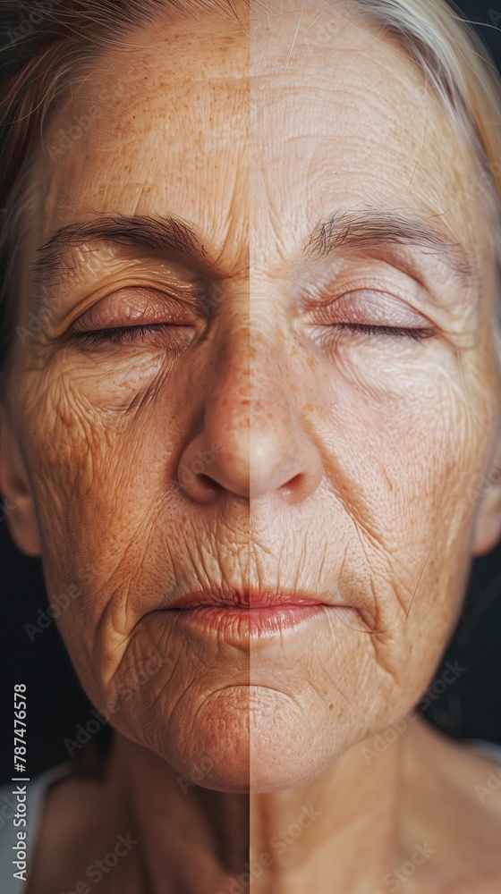 comparative half face after treatment half before mature woman comparative half face after treatment half before mature woman
